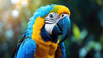 Fototapeta premium Bright blue and yellow macaw with striking black and white facial markings, set against a blurred green background.