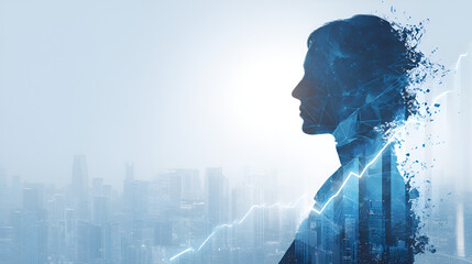 Silhouette of a person with a cityscape and a rising line graph overlayed on the figure