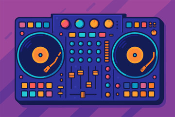 Fototapeta premium Colorful DJ mixer controller illustration with turntables, buttons, and sliders. Bright modern vector design for music and nightlife themes.