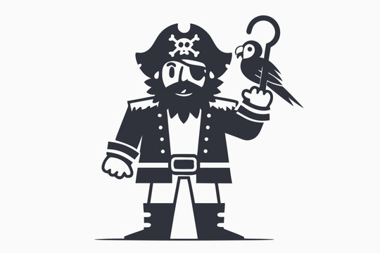 Cartoon Pirate with Eye Patch, Hook Hand, and Parrot on a White Background