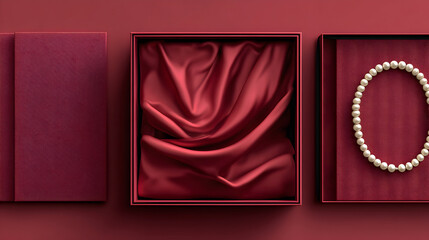 Three open red jewelry boxes on a red background. One box contains a pearl necklace.