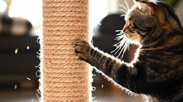 Tabby cat playing, scratching a sisal scratching post indoors