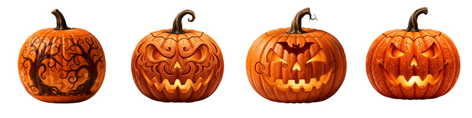 Four halloween pumpkins decorated with spooky and festive designs glowing on white background