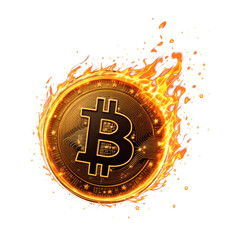 Bitcoin coin surrounded by flames, representing cryptocurrency trading and blockchain trends, with emphasis on rapid price movement, financial risk, and dynamics of digital asset markets