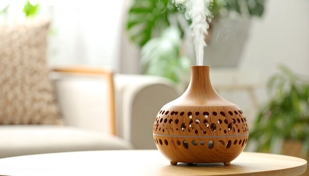 Wooden diffuser on a table, emitting steam