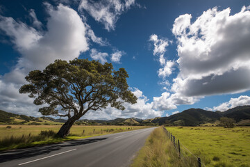 Naklejka premium a tree on the side of an empty road in new Zealand, blue sky with white clouds, a beautiful landscape
