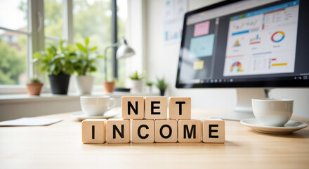 Growing businesses carefully monitor net income with detailed dashboards on the monitor showing how financial outcomes and reporting metrics define profitability and future planning