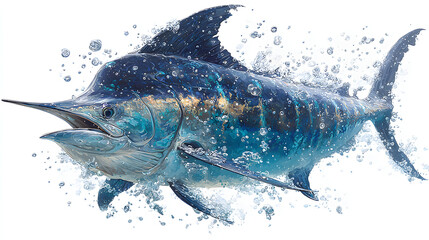 Fototapeta premium Two blue marlin fish depicted in a watercolor painting style with water splatter effects on a white background.