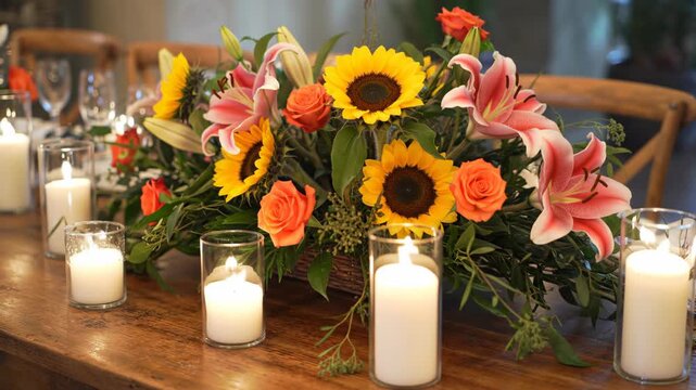 Floral arrangement and candles on wooden table for event decor.