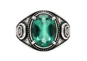 A richly detailed, antique-style ring showcasing a vibrant emerald-green gemstone, set against a dark background.