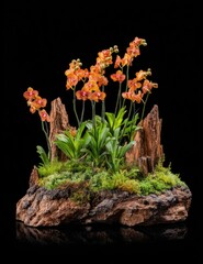Vibrant orange orchids and lush greenery artfully arranged on a driftwood planter, against a striking black backdrop.