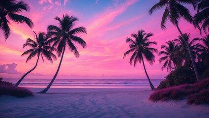 Tropical beach scene with palm trees during sunset or sunrise, vibrant pink and purple sky, calm ocean, and sandy shore. Nature and serene landscape.
