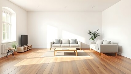 A minimalist living room featuring wooden floors and white walls bathed in natural light.