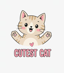 Adorable Cartoon Kitten with "Cutest Cat" Text and Heart Detail for Pet Lovers

