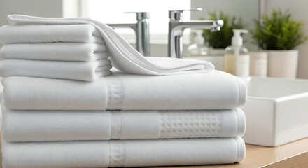Crisp White Towels Stacked Neatly in a Modern Bathroom, Creating a Clean and Relaxing Spa Feel