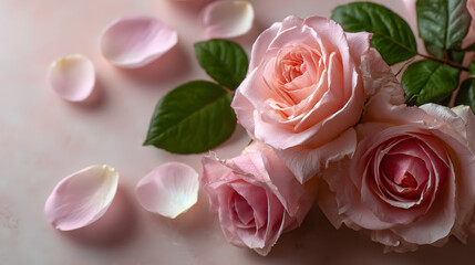 Two pink roses and several rose petals on a light pink surface.
