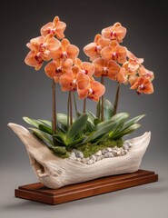 A captivating arrangement of vibrant orange orchids nestled within a driftwood planter, showcasing a sophisticated and natural aesthetic.