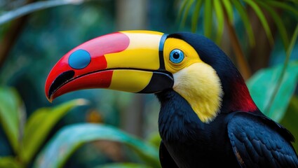 Fototapeta premium Colorful toucan with vibrant beak in lush jungle environment