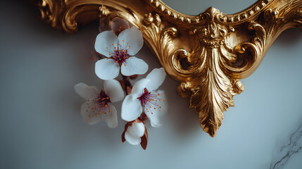 Obraz premium White flowers against a gold ornate frame on a marble surface.