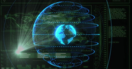 Displaying holographic globe rotating within wireframe rings and grid in HUD with data panels