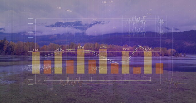 Fototapeta Displaying semi transparent bar chart and line graph in lakeside autumn forest, with grid overlay