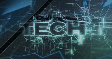 Glowing TECH letters hovering in grid UI, with wireframe cityscape, network lines and map charts