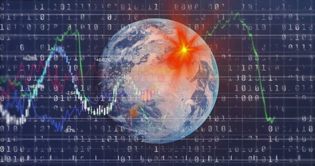 Obraz premium Displaying Earth globe with binary code, line graphs and percentage labels in virtual interface