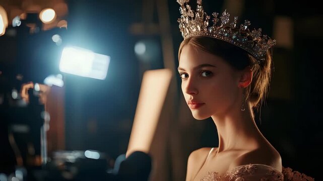 A beauty pageant finalist being filmed backstage 