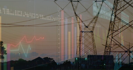 Displaying lattice tower and power lines crossing city fringe at dusk with fluctuating graphs
