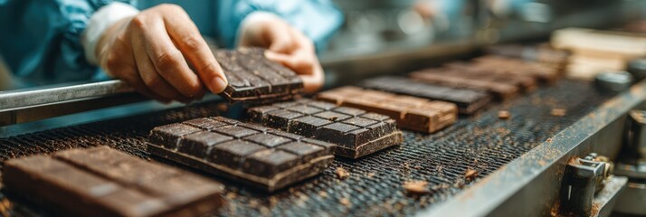 Chocolatiers craft fine dark chocolate bars in a busy factory during the afternoon shift