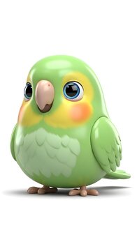 Cute 3D cartoon parrotlet with glossy pastel green feathers.