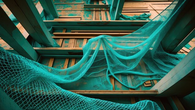 Construction site with wooden structure and turquoise safety netting for fall protection. Building and safety measures, construction tools and materials. The concept of construction safety and scaf...