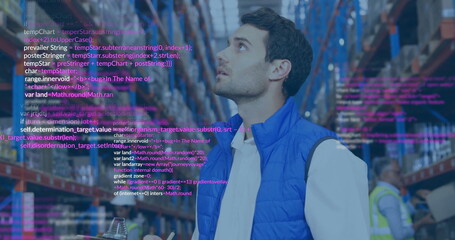 Scanning metal box racks in blue quilted vest, holding tablet in warehouse aisle, with code overlay