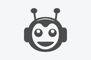 Gray Smiling Robot Face, Antennae, Headphone Style Ears, Technology Mascot,