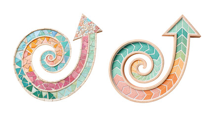 Progress spirals upward as mosaic arrows intertwine geometric order with creative potential symbolizing transformation, movement and the unfolding journey