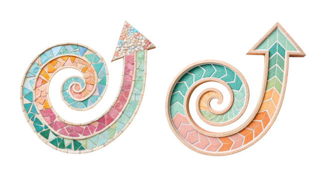 Progress spirals upward as mosaic arrows intertwine geometric order with creative potential symbolizing transformation, movement and the unfolding journey