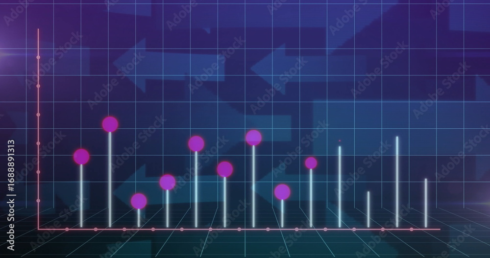 Wall mural displaying 3d bar chart on neon grid floor with magenta markers and background arrows