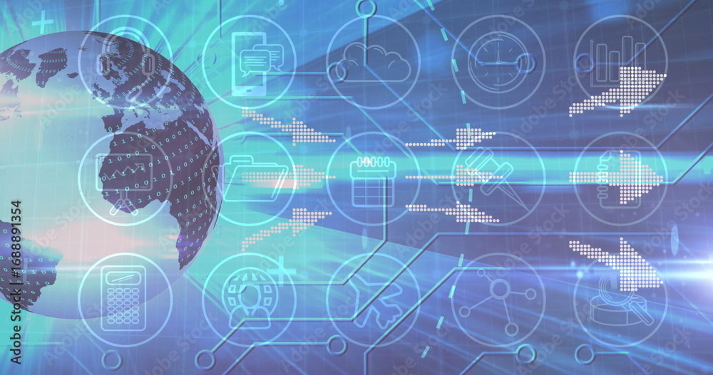 Wall mural displaying pixelated globe with binary overlay on left at data network with tech icons, copy space