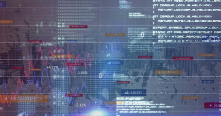Displaying financial overlay merging code snippets and stock charts in city skyline, with UI badges