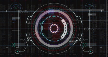 Obraz premium Displaying central circular interface rotating over grid, with concentric rings and code streams