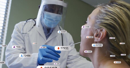 Positioning swab doctor wearing mask and gloves testing patient in exam room with digital icons