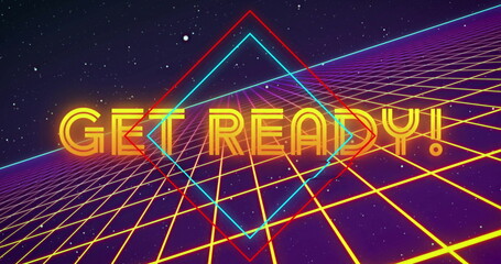 Naklejka premium GET READY text glowing on retro-futuristic yellow grid floor, with red cyan neon diamond outlines