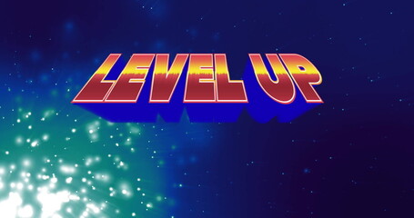 Fototapeta premium Floating bold 3D LEVEL UP text hovering over cosmic starfield, with glowing particle cluster