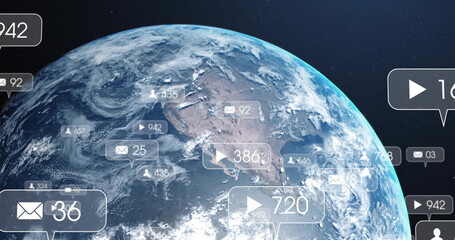 Displaying planet Earth rotating in space, with message user play icons and numeric labels
