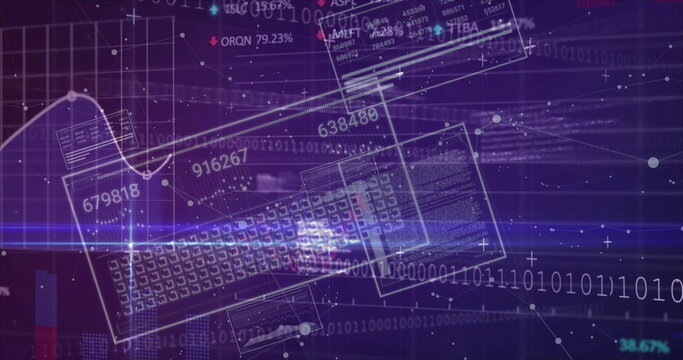 Hovering wireframe keyboard in purple analytics space, with data sheets and binary sequences