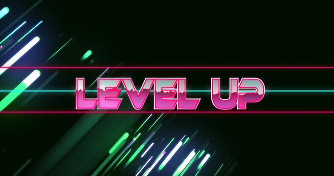 Glowing neon text LEVEL UP shining in dark digital void, with parallel bars and diagonal streaks