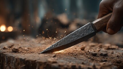 Professional carpenter sharpening woodworking tool workshop action shot industrial environment close-up career development