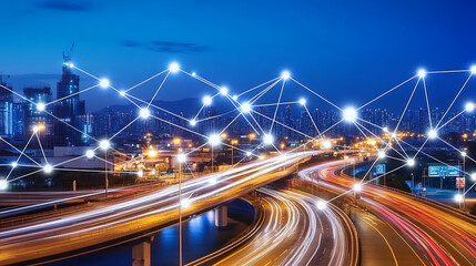 Illuminated Cityscape with Connected Nodes Overlaid on Busy Highway
