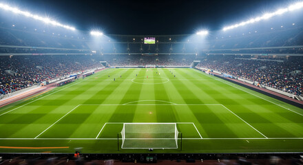Illuminated Soccer Field with Goalpost &ndash; Night Stadium Atmosphere