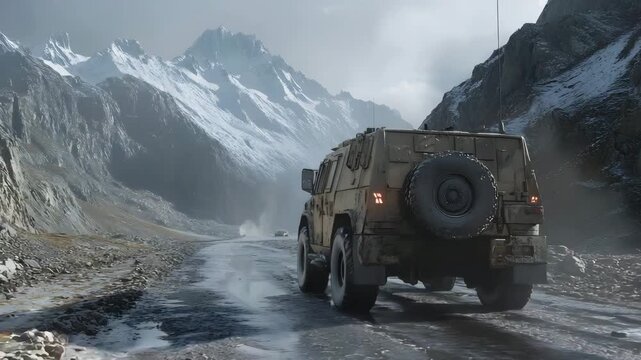 Military vehicle driving along a mountainous border road, 8K, realistic 
